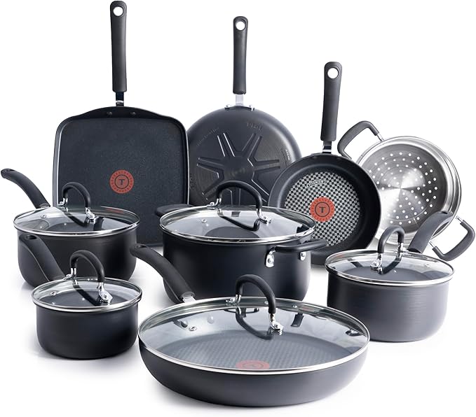 T-Fal Ultimate Hard Anodized Nonstick Pots and Pans Set 17 Piece, Nonstick Cookware Set with Fry Pan, Saucepans, Saute-Pan, Griddle, Dishwasher Safe, Onyx