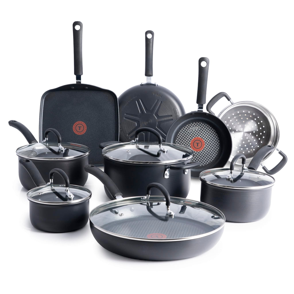T-Fal Ultimate Hard Anodized Nonstick Pots and Pans Set 17 Piece, Nonstick Cookware Set with Fry Pan, Saucepans, Saute-Pan, Griddle, Dishwasher Safe, Onyx