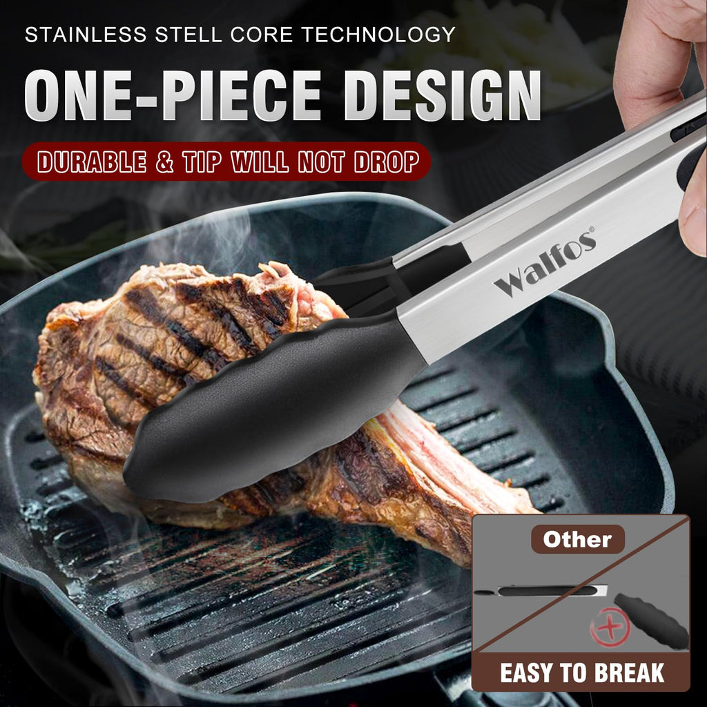 Walfos Kitchen Tongs - Heat Resistant Cooking Tongs Set of 3, Stainless Steel and BPA Free Silicone Tips, Great for Cooking, Grilling, Turning, 7" 9" and 12" (3 black silicone tongs)