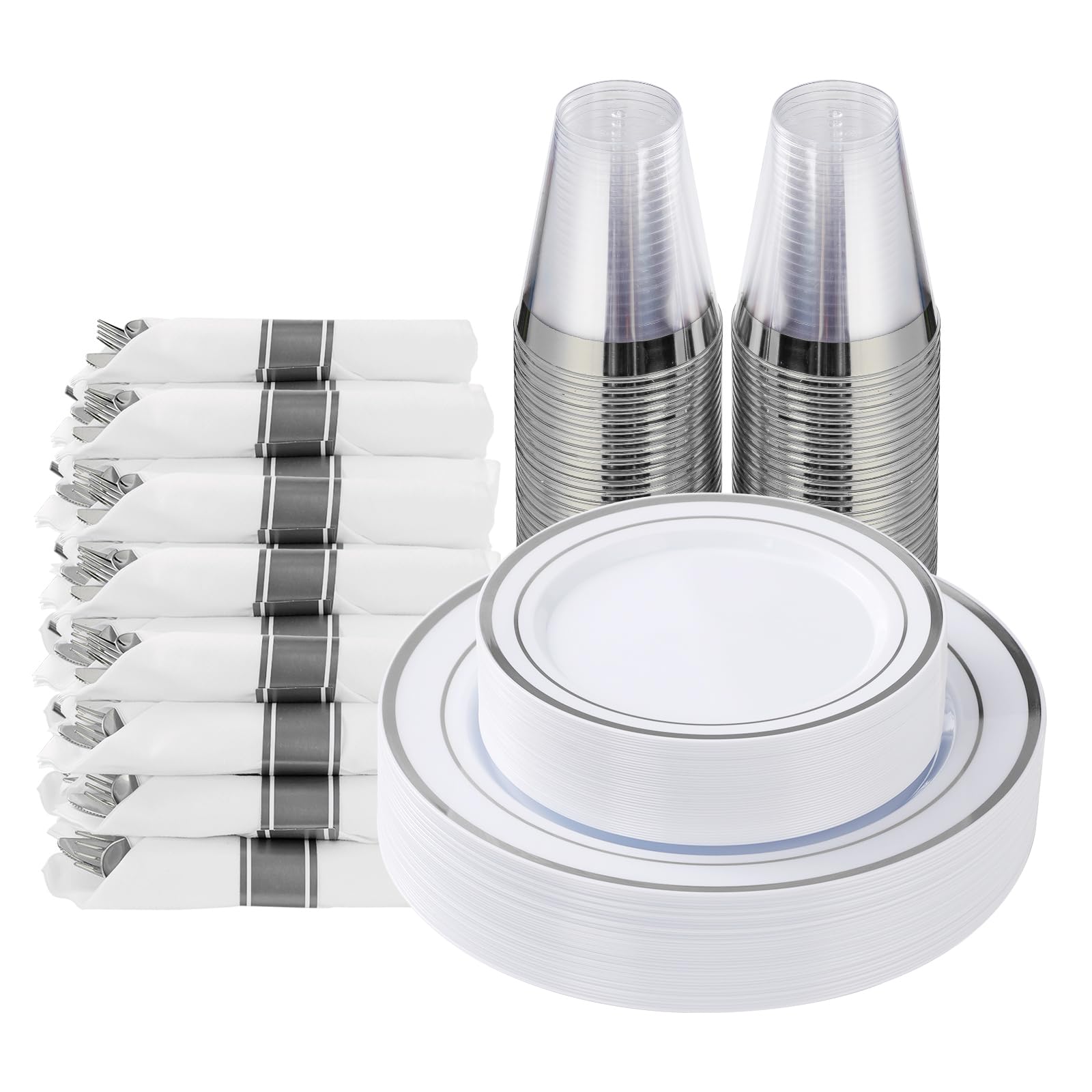 Goodluck 175 Piece Silver Plastic Dinnerware Set for 25 Guests, Fancy Disposable Plates for Party, Include: 25 Dinner Plates, 25 Dessert Plates, 25 Pre Rolled Napkins with Silver Silverware, 25 Cups