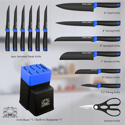 14 Pcs Kitchen Knife Block Set with Sharpener German High Carbon Stainless Steel Chef Knives, Razor-Sharp & Durable, Lightweight Anti-Slip Handle, Professional Set for Home & Kitchen (Blue)