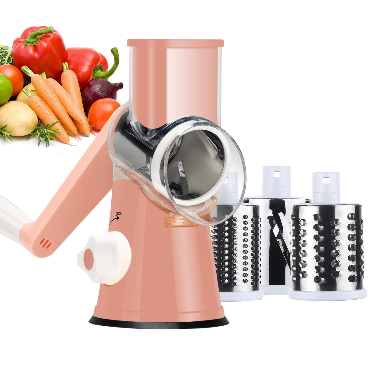 Ourokhome Rotary Cheese Grater Hand Crank, Kitchen Shredder Speed Mandolin Slicer Nut Grinder with Handle and Drum Blades for Cheese, Vegetable, Walnut, Chocolate, Potato, Carrot, 3 Blades, Red