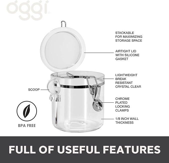 Oggi 4pc Clear Canister Set with Clamp Lids Airtight Containers in Sizes Ideal for Kitchen & Pantry Storage of Bulk, Dry Foods Including Flour, Sugar, Coffee, Rice, Tea, Spices & Herbs (Pack of 3)