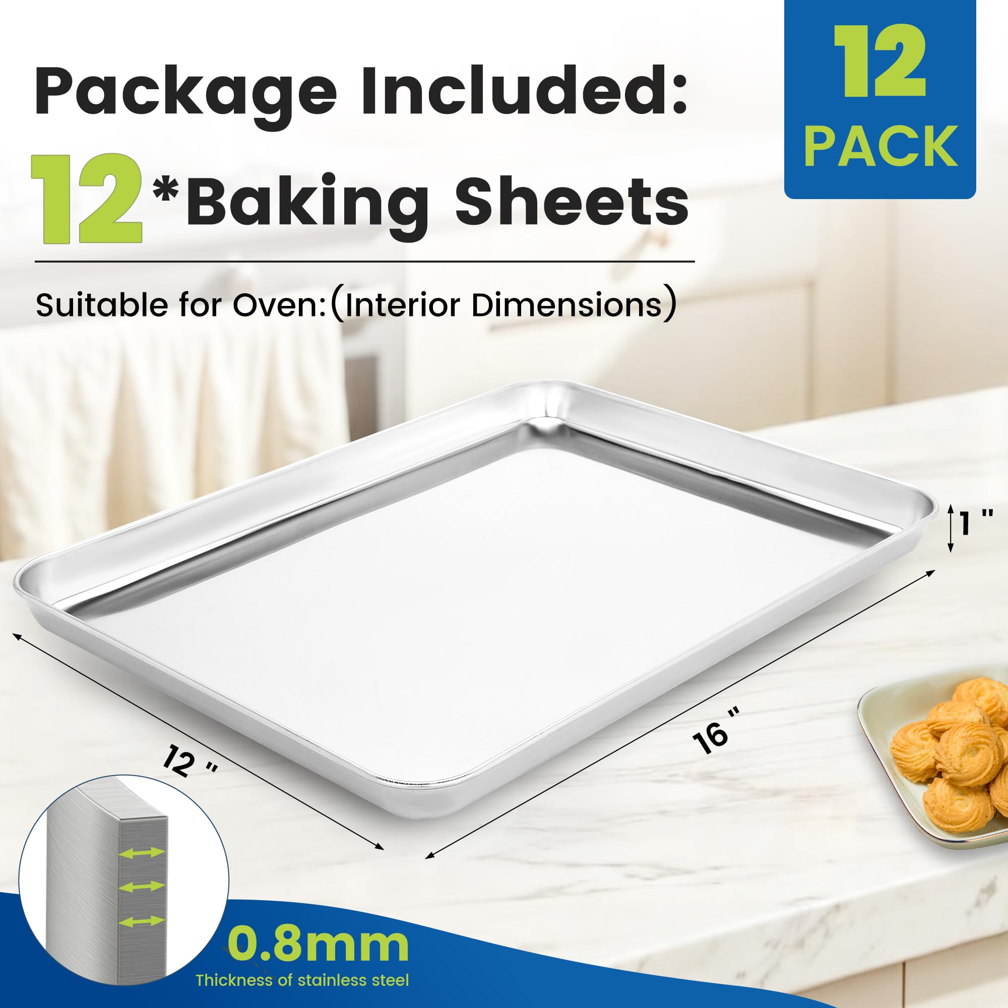 BIEAMA 12 Pack Stainless Steel Toaster Oven Baking Sheets, 16 x 12 in