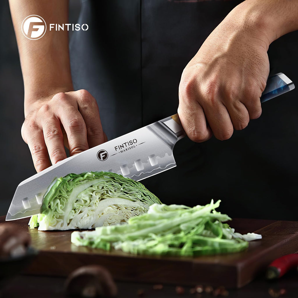 FINTISO 7" Santoku Knife, S35VN Powder Steel Core Japanese Chef Knife