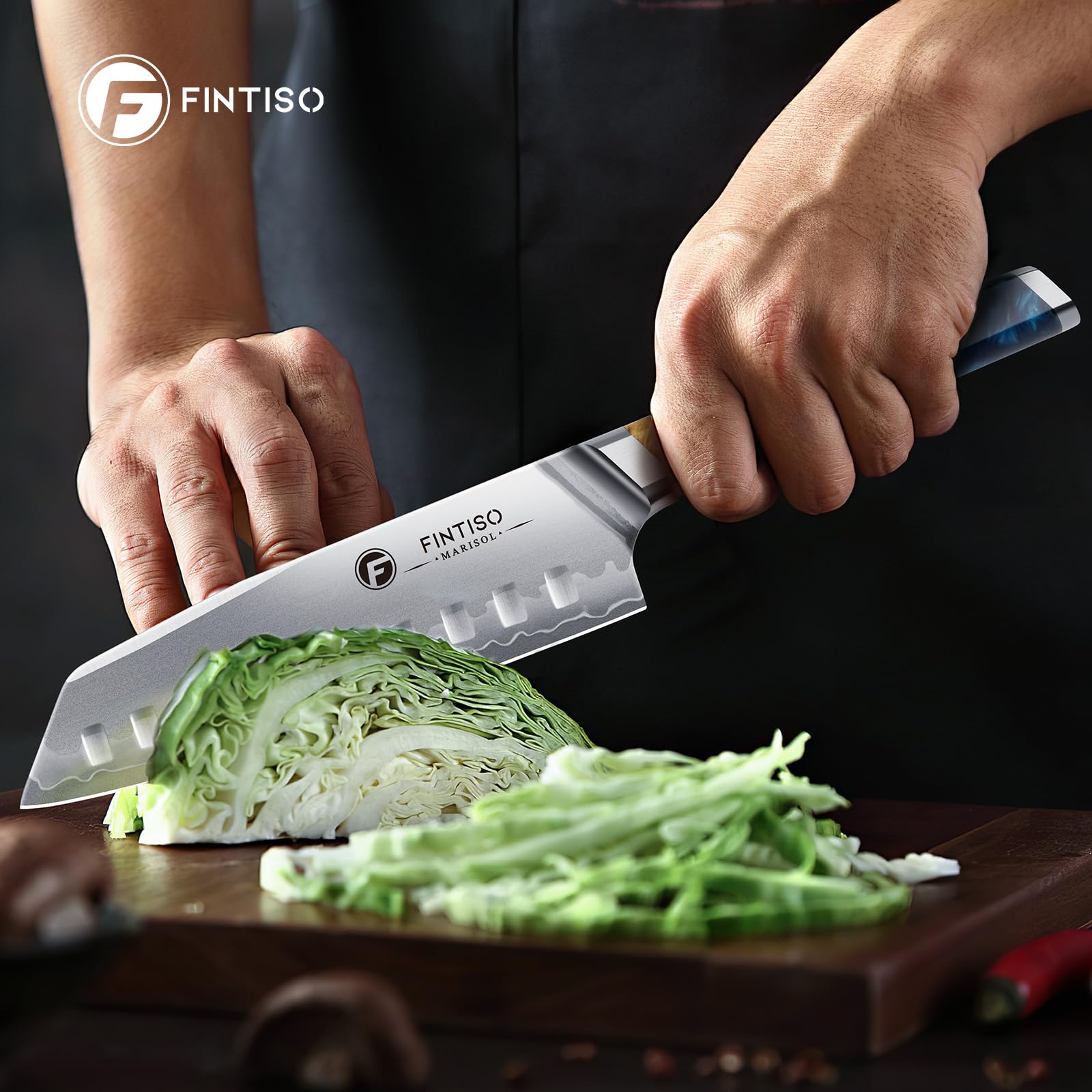 FINTISO 7" Santoku Knife, S35VN Powder Steel Core Japanese Chef Knife