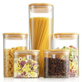 Glass Spaghetti Pasta Storage Container - 5 Pack Airtight Food Storage Jar Set with Bamboo Lid Labels - Square Kitchen Pantry Canister Organizers for Cookies Candy Coffee Bean Sugar Tea Spice Flour