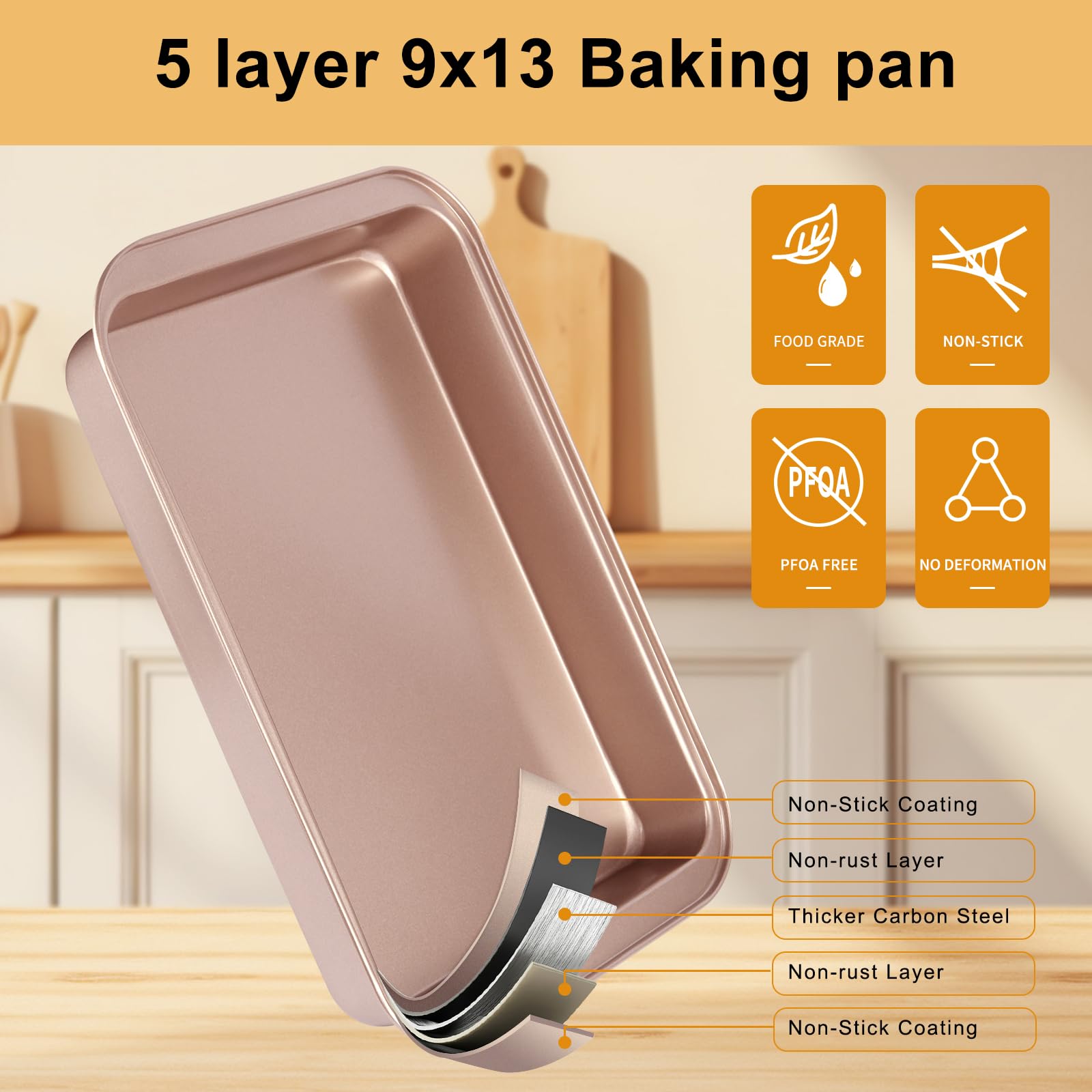 Barlket 9x13 Baking Pan & Dish, 13x9 Nonstick Rectangle Cake Pan, Rose Gold