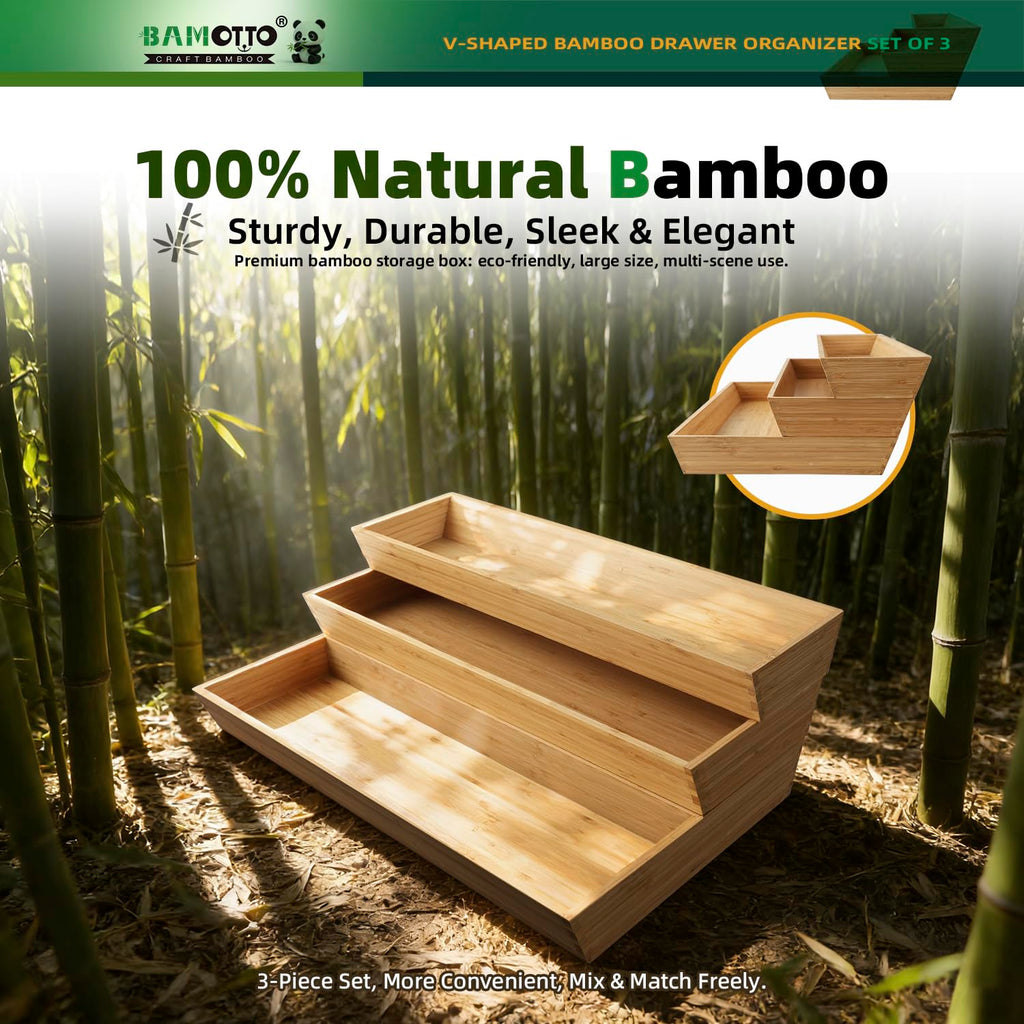 BAMOTTO CRAFTBAMBOO Large Long V-Shaped Bamboo Drawer Organizer Set of 3