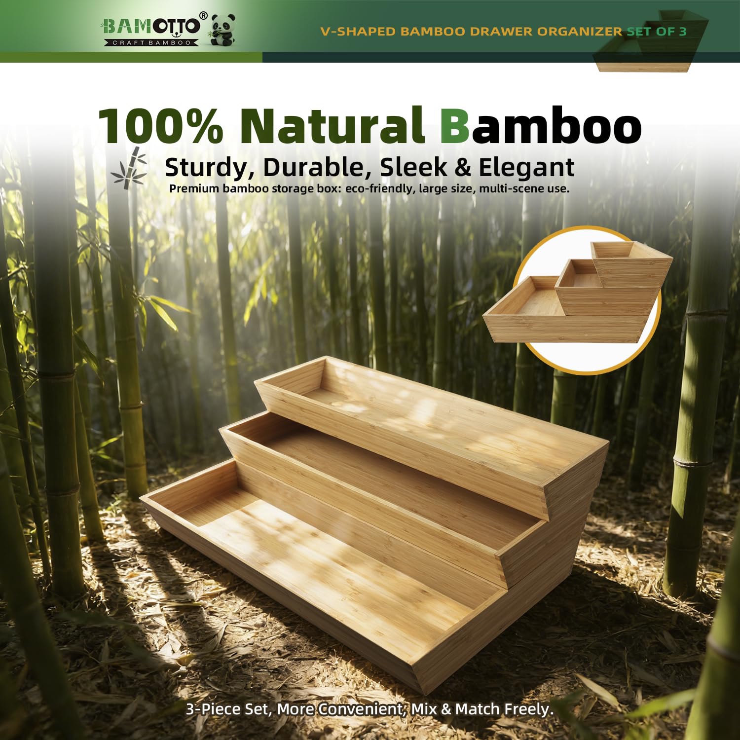 BAMOTTO CRAFTBAMBOO Large Long V-Shaped Bamboo Drawer Organizer Set of 3
