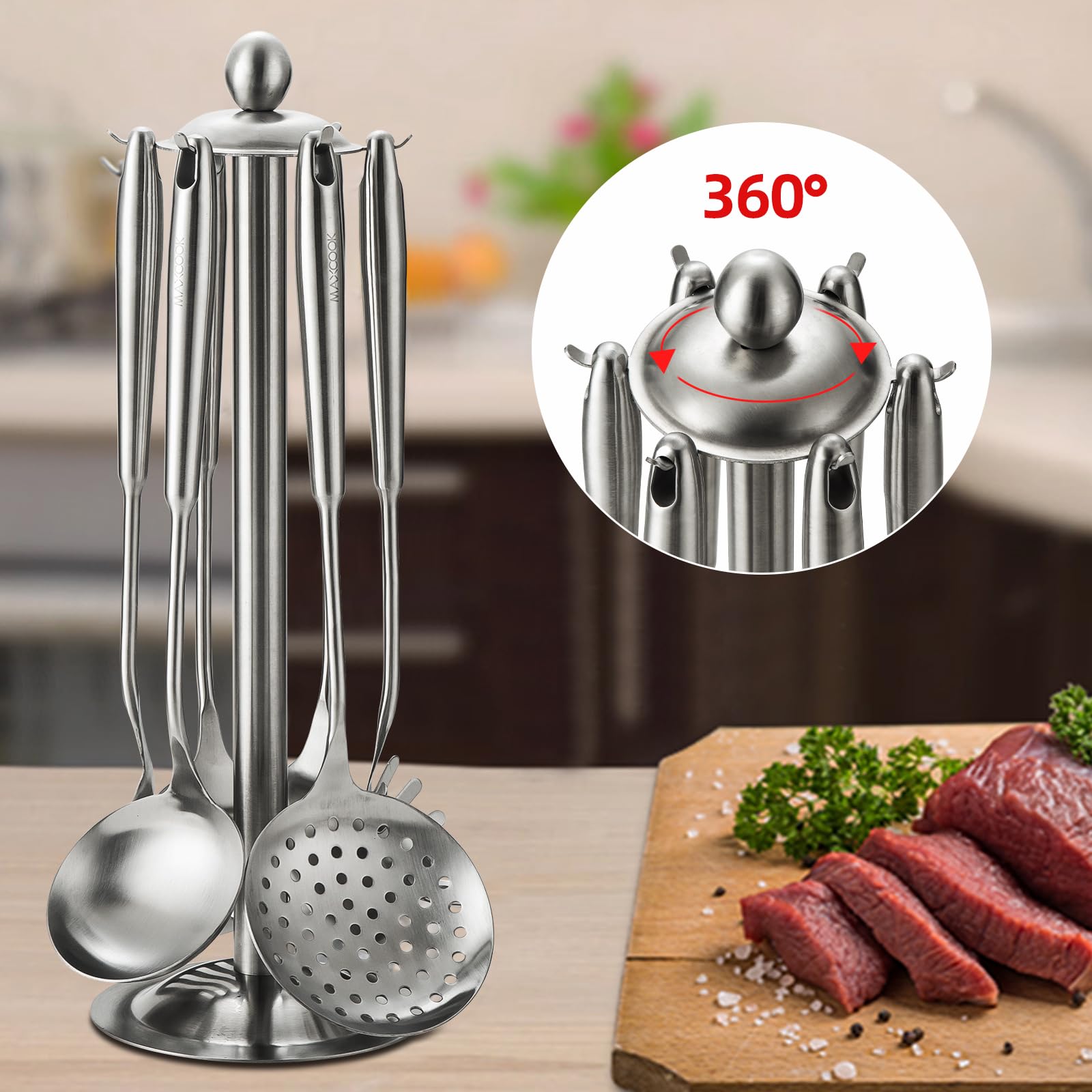 MAXCOOK Stainless Steel Cooking Utensils set, 18/8 Stainless Steel Kitchen Utensils set, 7 Pieces Cookware Set with Rotating Holder, Heat Resistant Stainless Steel Cooking Spoon(Dishwasher Safe)