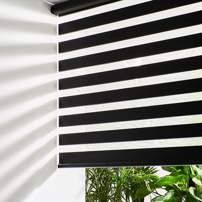 Persilux Cordless Zebra Blinds for Windows Free-Stop Roller Windows Shades (46" W X 72" H, Black) Dual Layer Light Control for Day and Night, Light Filtering Sheer Shades for Home, Easy to Install