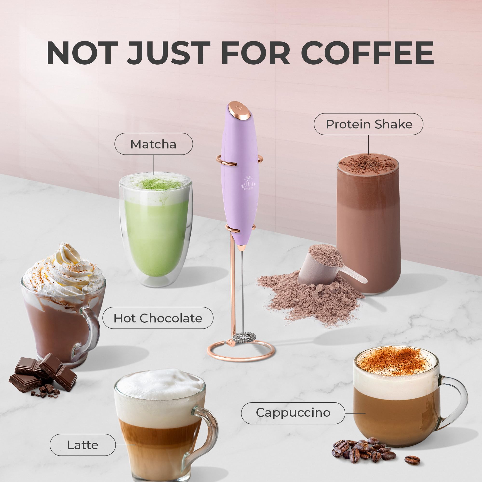 Zulay Kitchen Powerful Milk Frother Wand With Duracell Batteries - Ultra Fast Handheld Drink Mixer - Electric Whisk Foam Maker for Coffee, Lattes, Cappuccino & Matcha - Z1 Motor - Lilac & Rose Gold