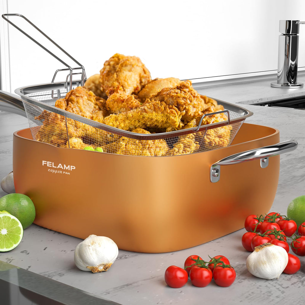 FELAMP 9.5-Inch Ceramic Nonstick Deep Square Frying Pan Set with Glass Lid, Stainless Steel Fry Basket & Steamer Rack, Induction Compatible, Oven &Dishwasher Safe, 4-Piece Copper Pan Chef Cookware Set