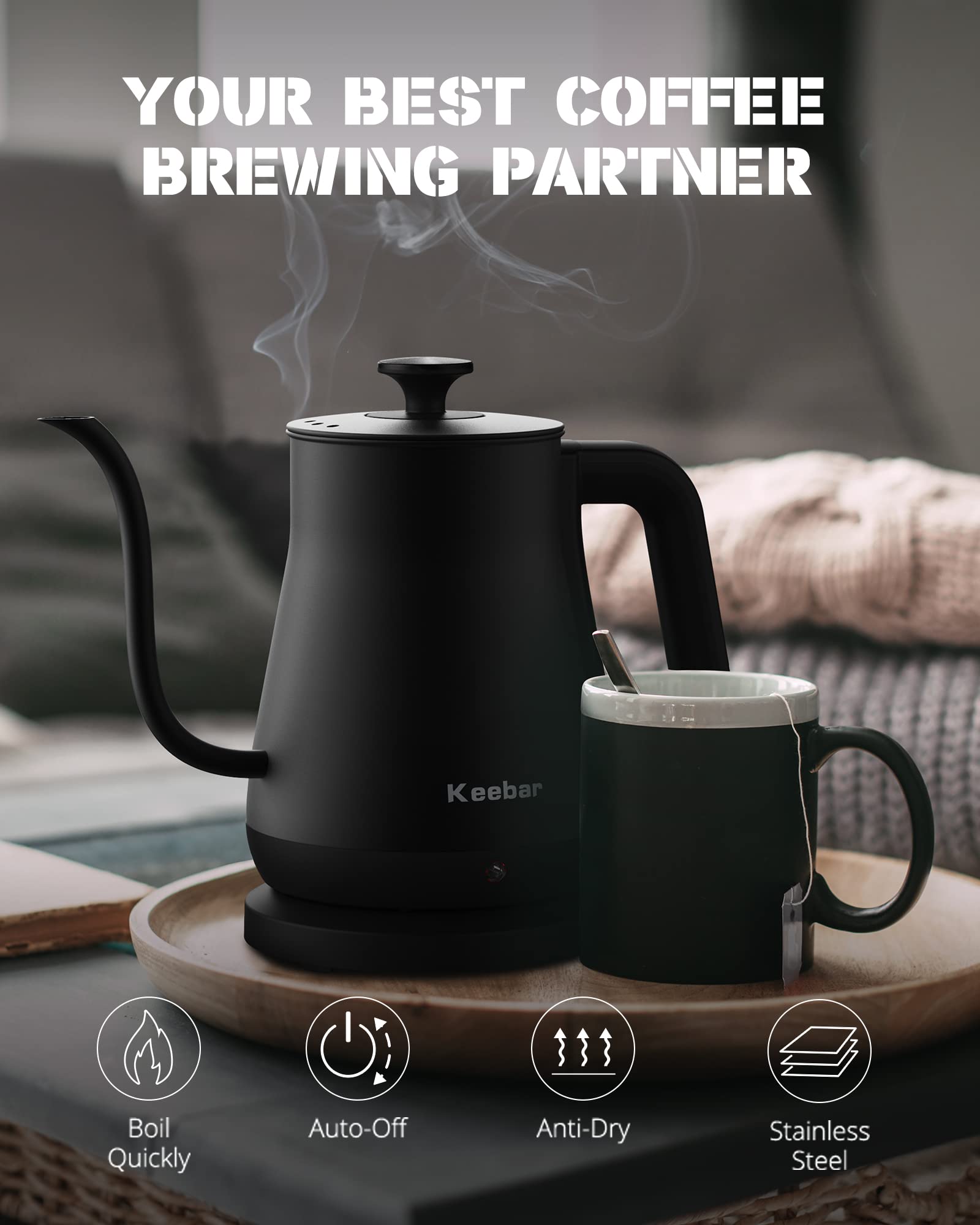 Keebar Electric Kettle, Gooseneck Kettle with Auto Shut Off, 0.8L Small Eletric Tea Kettle, Precise Spout Designed for Coffee Tea, 1000W Quick Heat Up, Stainless Steel, Matte Black