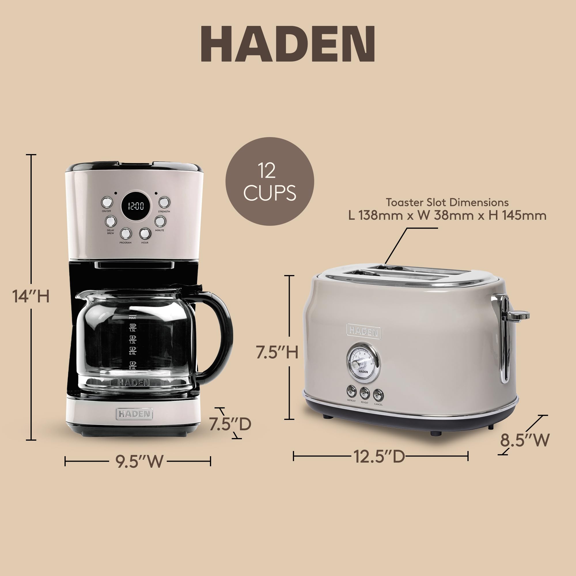 Haden 12 Cup Programmable Drip Coffee Maker Coffee Machine Bundled with Dorset 2 Slice Wide Slot Stainless Steel Toaster, Putty & Chrome