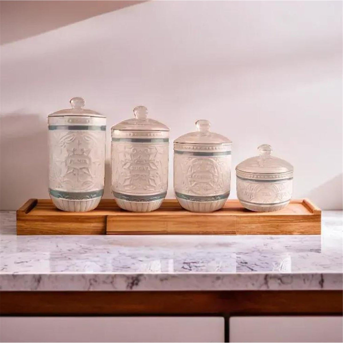 Young's Inc. 4 Pcs Set Casual Provincial Ceramic Canisters- Storage Container for Kitchen and Bathroom - Beautiful Home Decor Accent to Store Food, Coffee, Tea, and More - Green, White