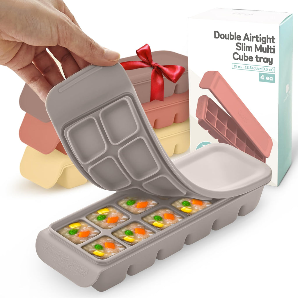 Firgi 1.7 oz/4 Sections Silicone Ice Cube Freezer Tray with Lid, 100% Food-Grade Platinum Silicone,Leak Resistance & Dishwasher Safe for Baby Food Prep,Breast Milk,Purees - Korean Made, Brown