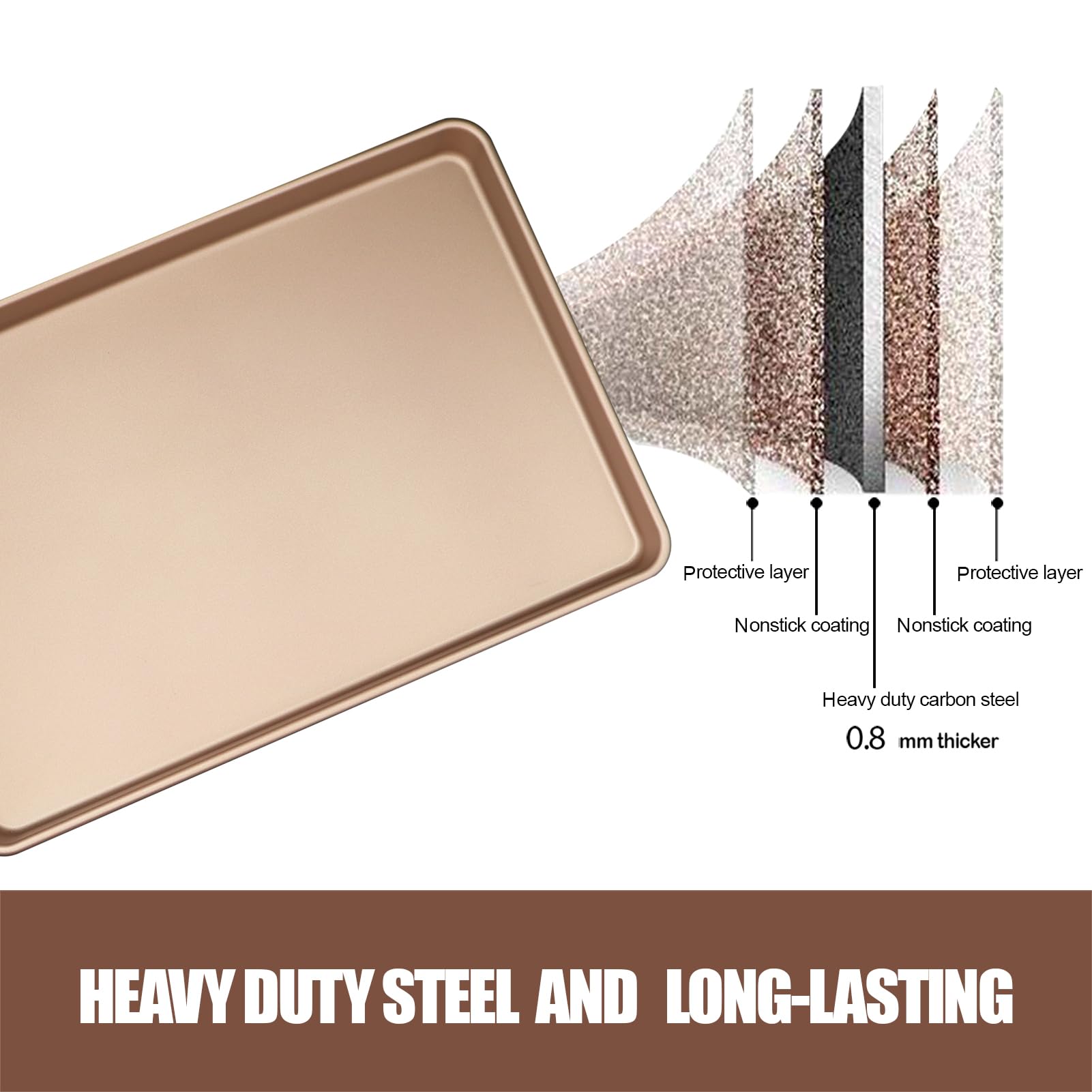 JOHO BAKING 3-Pack Nonstick Carbon Steel Baking Sheet Set | Heavy Duty 0.8mm Cookie Sheets - Large 17.8"x12" & 2 Medium 15.7"x10.8" Commercial Gold Pans for Oven, Roasting & Toaster