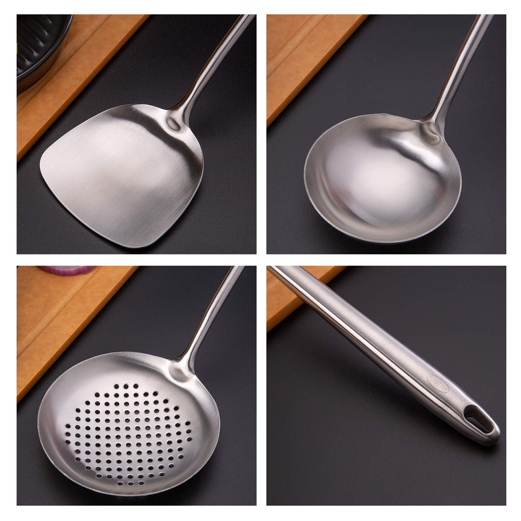 Wok spatula and ladle,Skimmer Ladle Tool Set, Chinese Wok Utensil Set, All metal 304 Stainless Steel Cooking Utensils(15in,15in,14in)