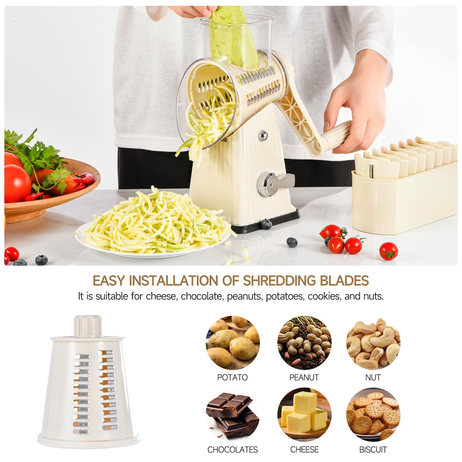 Xilrvna RotaryCheese Grater,VegetableShredder 5 in 1 Cheese Grater with HandleedderReinforcedSuction,EasytoClean,KitchenChopperforCrushedIce,Fruits and Nuts with Blade Storage Case（White