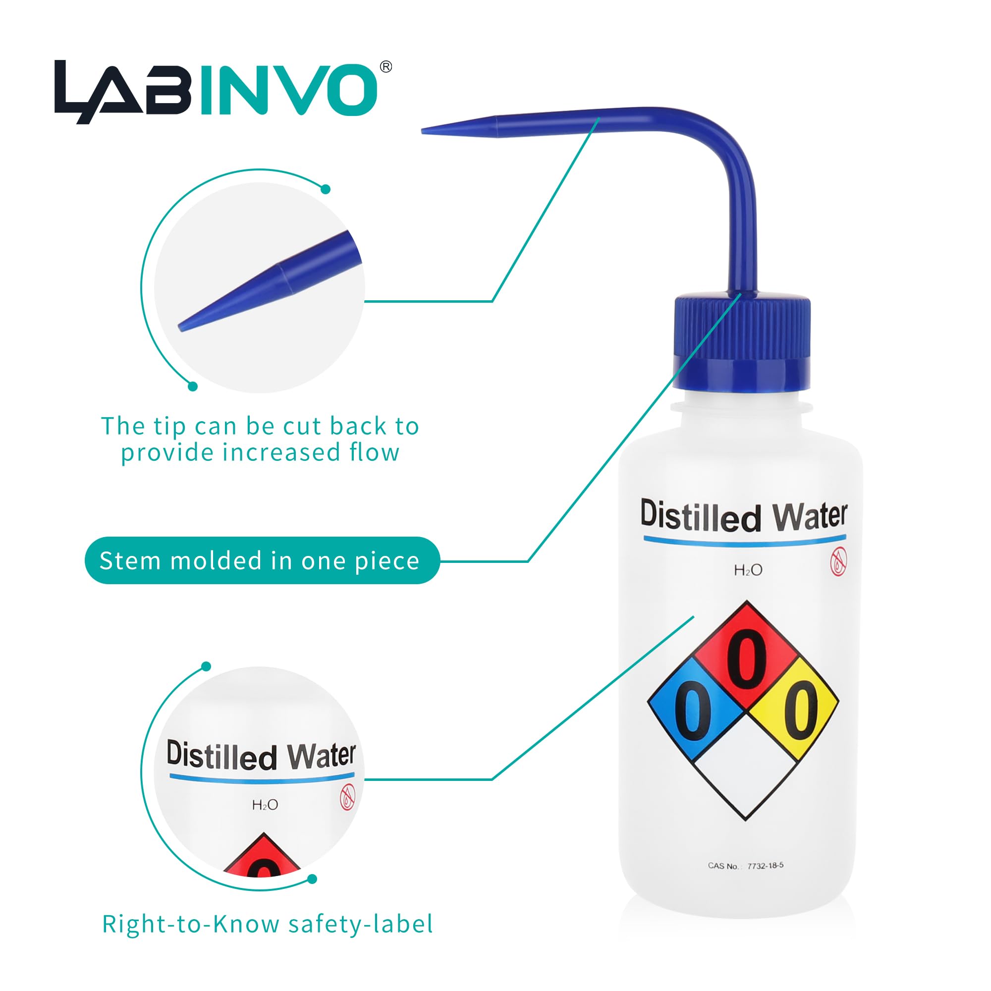 LABINVO Distilled Water Wash Bottles, 1 PC of Vol.500ml (17oz), Narrow Mouth, Self-Venting Safety Wash Bottles, LDPE Material,IN-WBD501