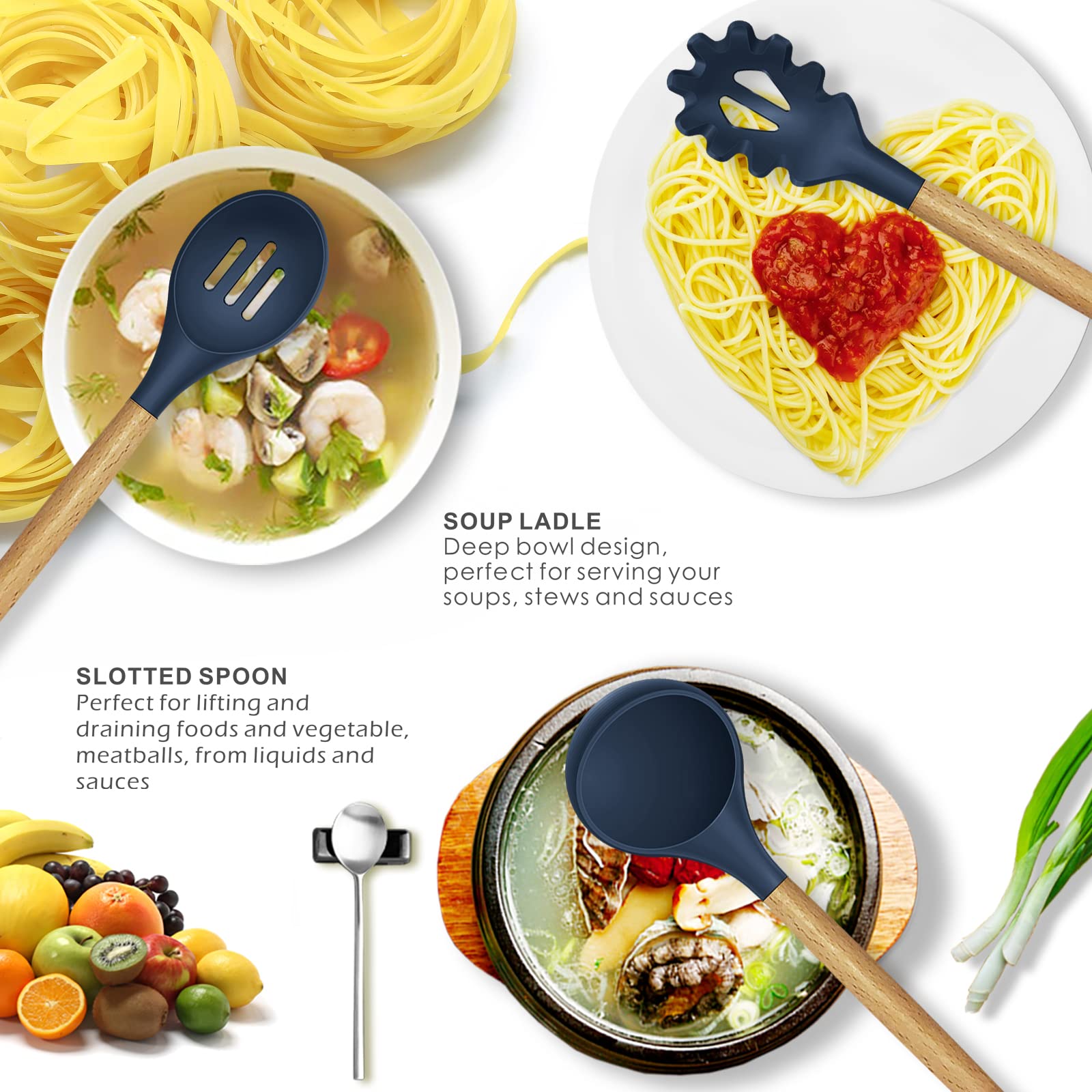 oannao Silicone Cooking Utensils Set - 446°F Heat Resistant Silicone Kitchen Utensils for Cooking,Kitchen Utensil Spatula Set w Wooden Handles, BPA FREE Gadgets for Non-Stick Cookware (Navy Blue)