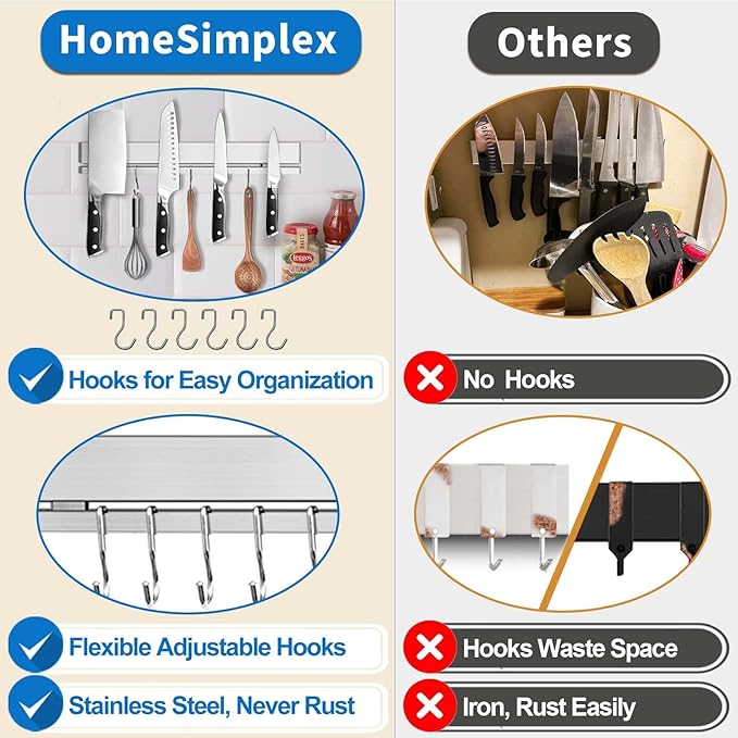 17 Inch Magnetic Knife Holder for Wall, Adhesive Knife Magnetic Strip No Drilling with 12 Hooks, Powerful Magnetic Knife Strip, Magnetic tool Holder for Kitchen Knives & Utensils (Silver)