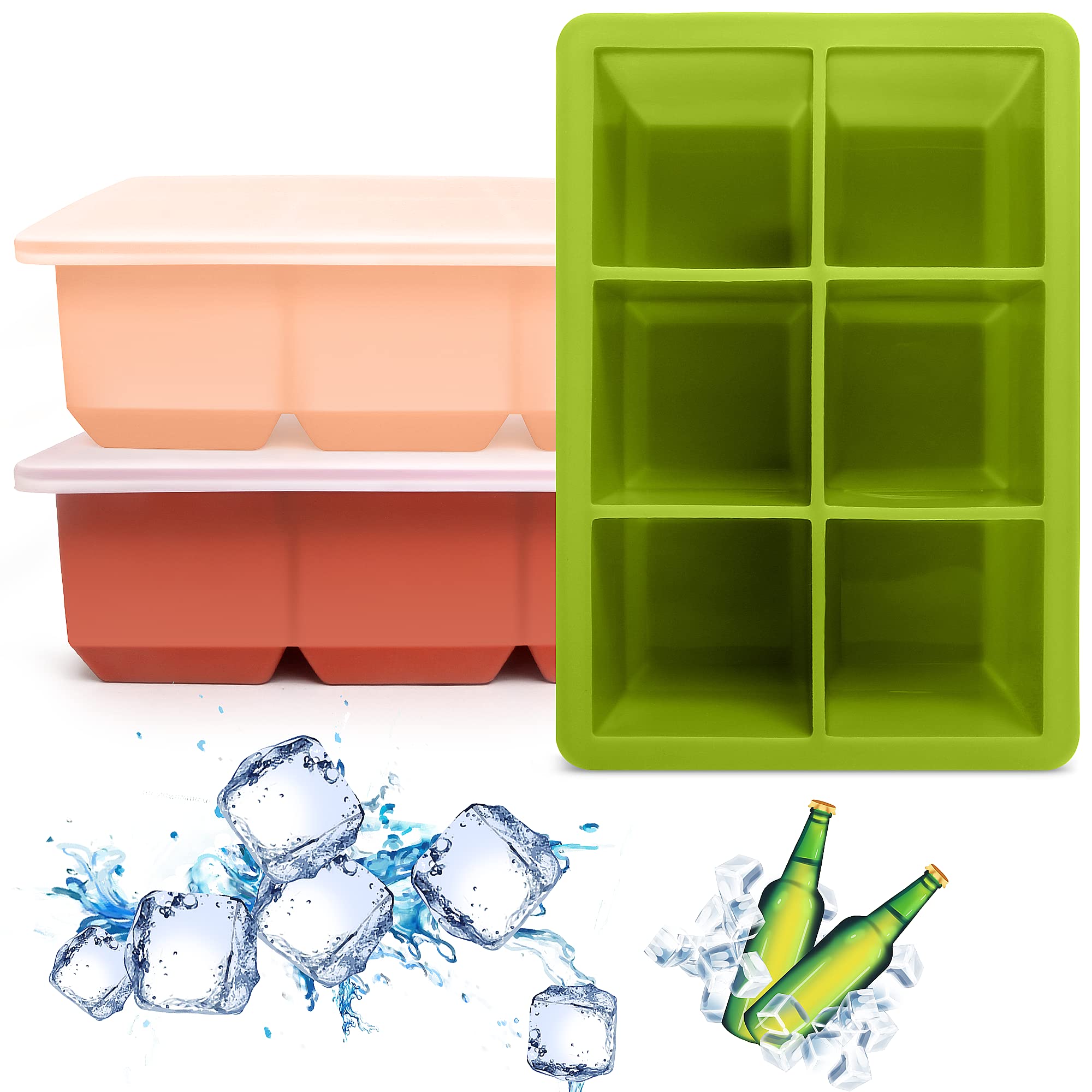 Excnorm Silicone Ice Cube Trays 3 Pack - Large Size Silicone Ice Cube Molds with Leak Proof Removable Lid Square Ice Cube Tray And BPA Free for Cocktail,Whiskey, Stackable Flexible Ice