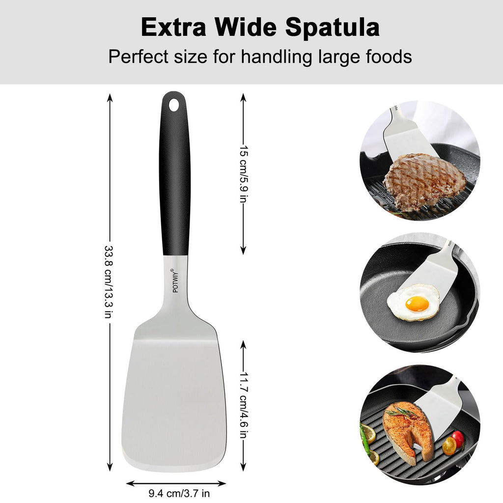 POTWIY Stainless Steel Spatula, Large Metal Spatula for Kitchen and Grilling, Heavy Duty Turner for Cast Iron Skillet with Silicone Handle, Cooking and Flipping Steak, Pancake, Burger, 4.6 x 3.7 In