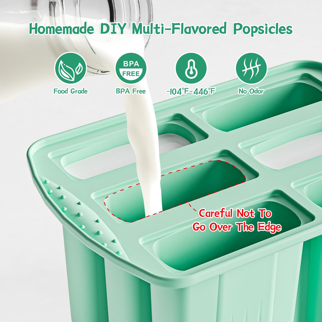 Bongpuda 6 Pieces Silicone Popsicle Molds,Easy-Release BPA-Free,Ice Pop Mold Ice Cream Molds For Kids,With 6 PCS Plastic Stick+Cleaning Brush (Mint Green)