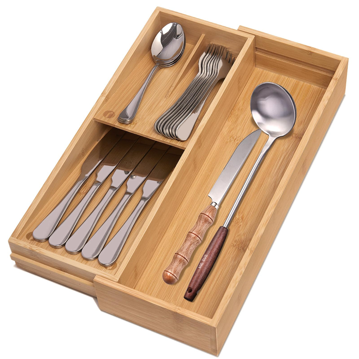 guiogc Bamboo silverware tray organizer, Utensil Holder and Cutlery Tray for Drawer, Kitchen Drawer Organizer Divider for Spoons Forks Knives