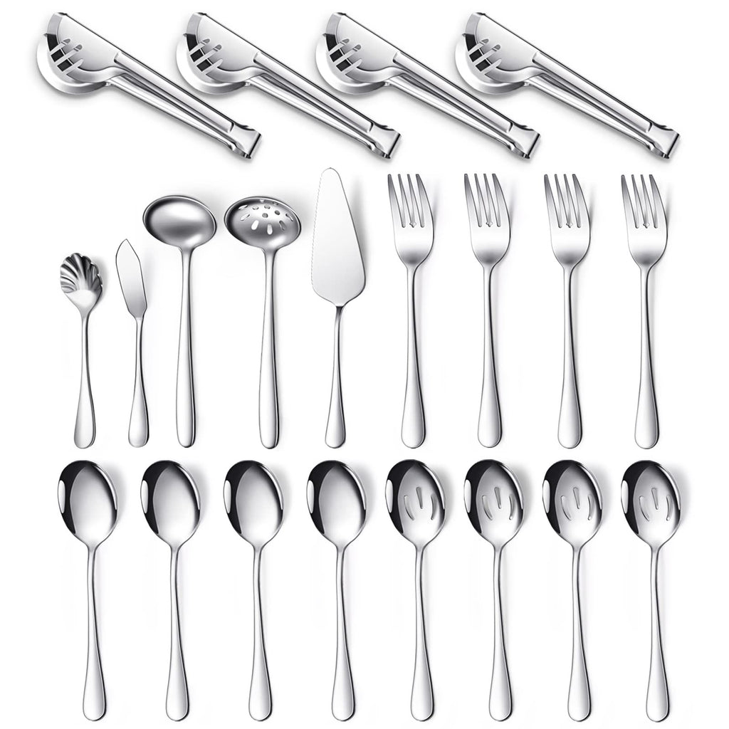 Patelai Serving Utensils Set Include Stainless Steel Large Spoons Slotted Spoons Forks Tongs Soup Ladle and Pie Server for Parties Buffet Catering, Dishwasher Safe(Silver,21 Pieces)