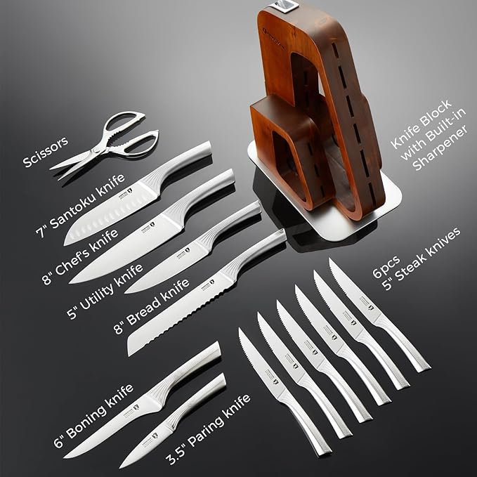 KINGSTONE Kitchen Knife Set with Block,14 Pcs German Stainless Steel Knife Set with Built-in Sharpener, Dishwasher Safe Knife Block Set (walnut, 14pcs)