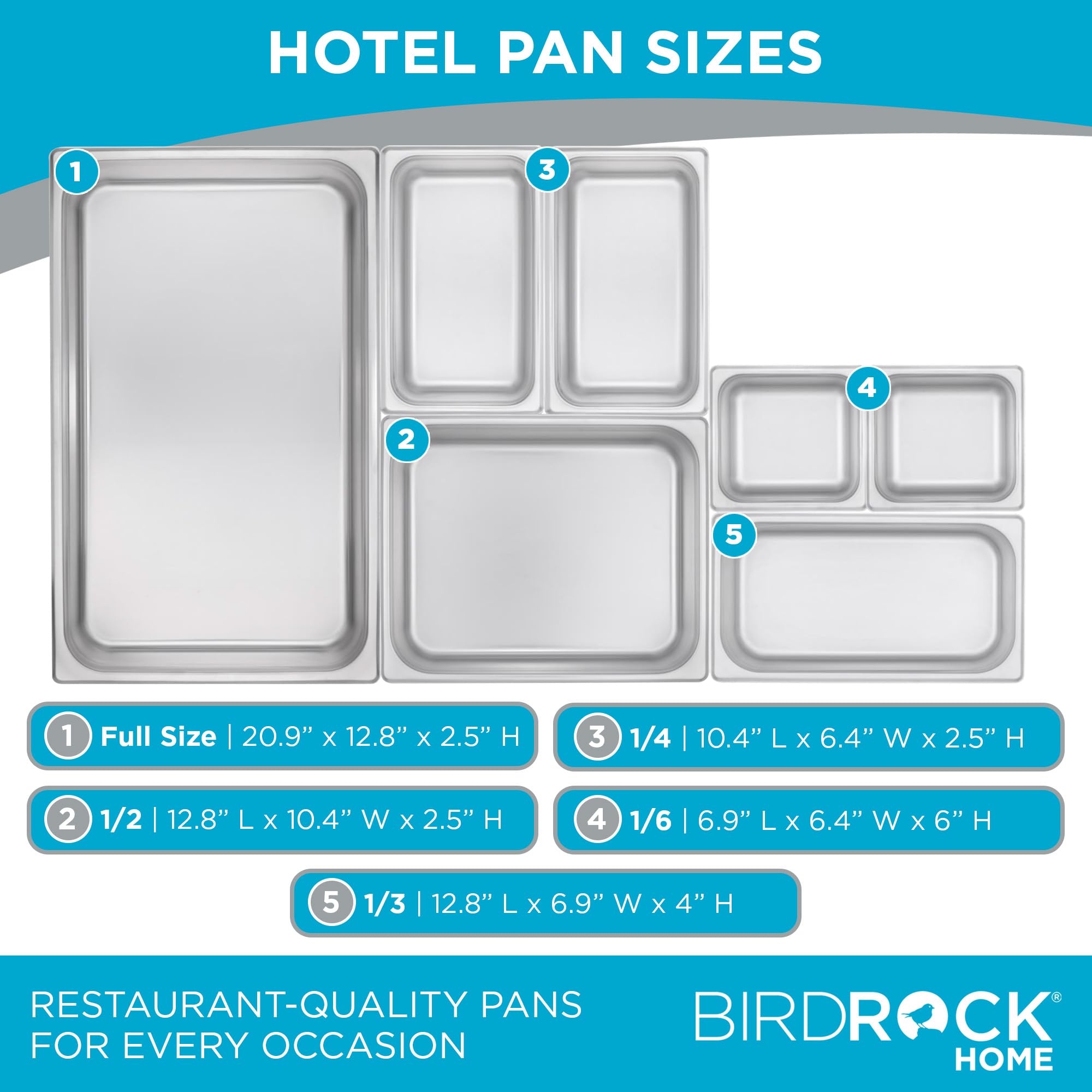 BIRDROCK HOME Stainless Steel Steam Table Pan - Hotel, Restaurant & Catering Supplies - 24 Gauge Steel, 21.3 qt Capacity - Meal Prep, Cooking, & Food Storage Container - 6" Depth, Full-Size (6 Pack)