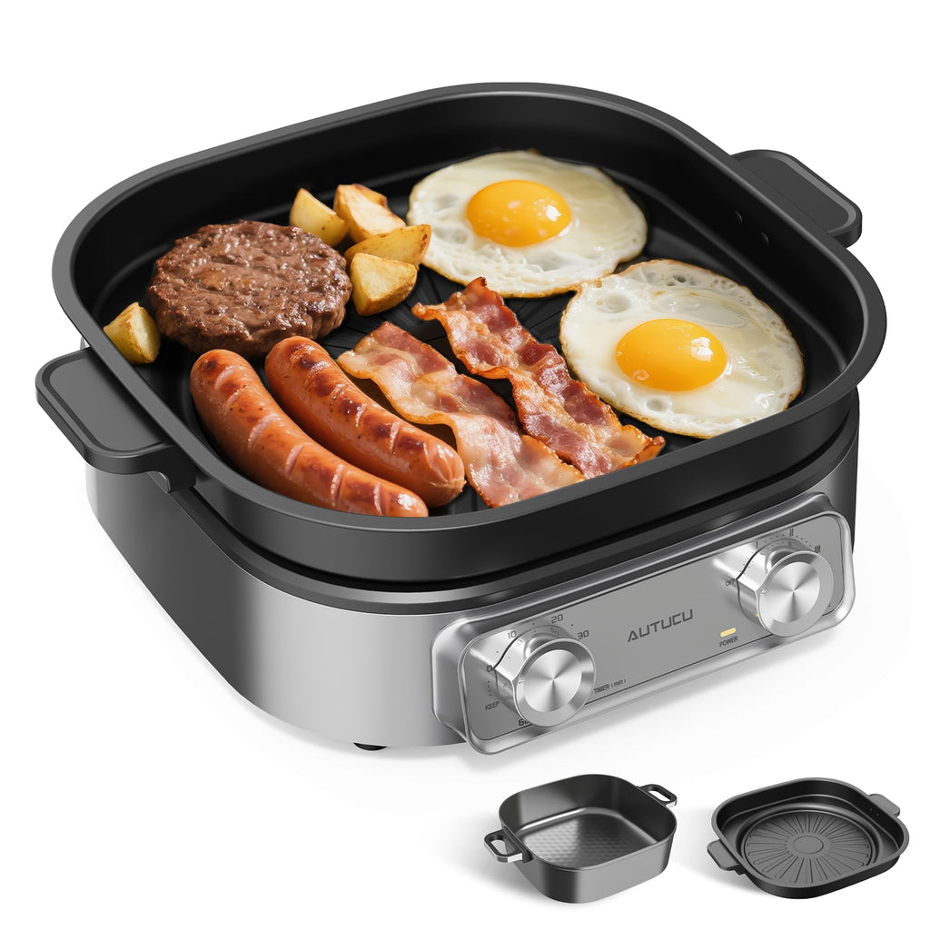 6-Quart Electric Skillet with Grill | Non-Stick PFOA-Free Ceramic-Coated Pot, 1600W, Timer & 3 Power Settings for Steak, Egg, Ramen (Includes Tongs) Pot & Grill