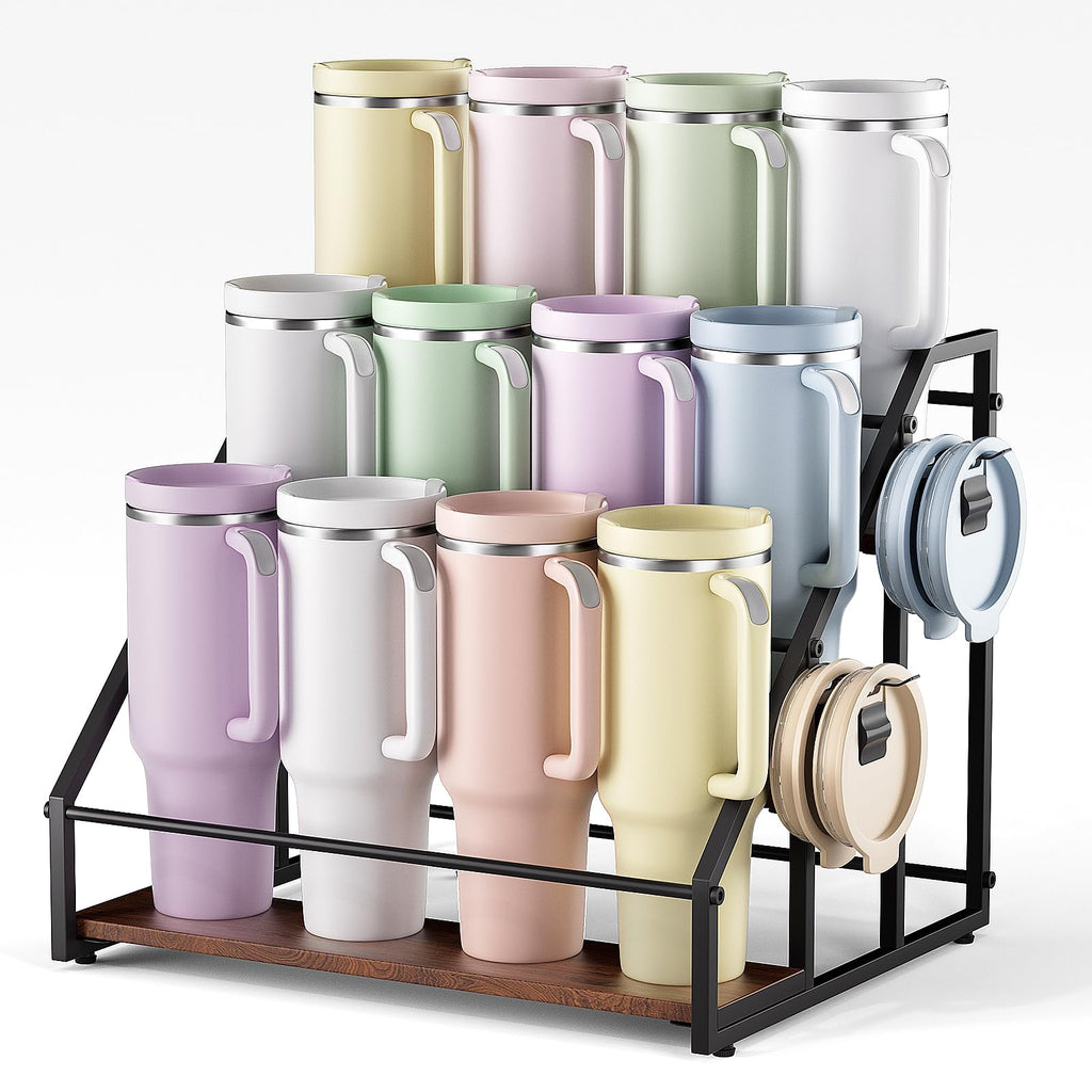 2-Tier Stanley Cup Holder for 8 Tumblers, Lid Organizer, Natural Wood
