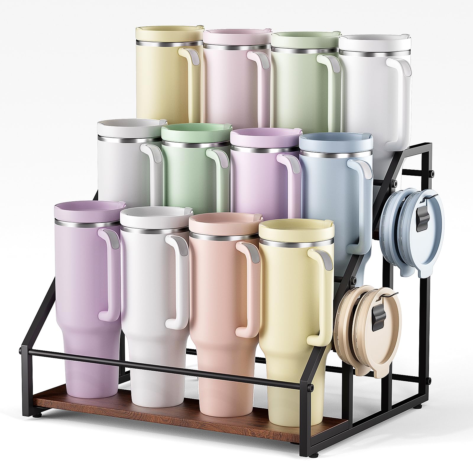2-Tier Stanley Cup Holder for 8 Tumblers, Lid Organizer, Natural Wood