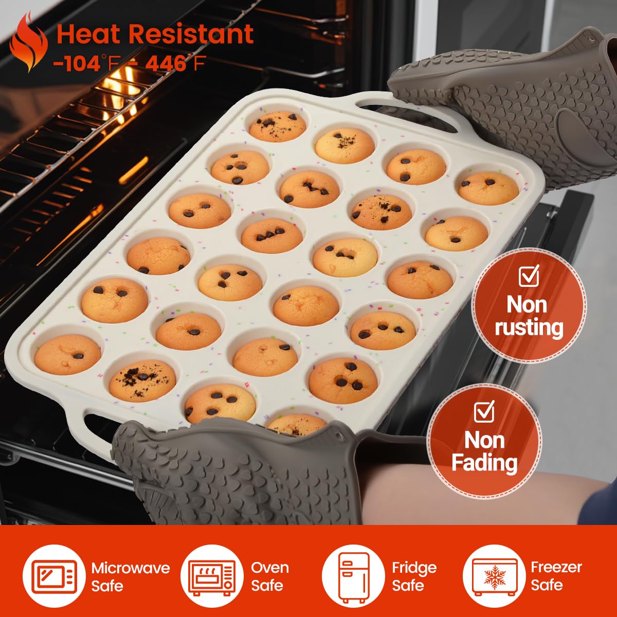CAKETIME Mini Cupcake Pans, Metal Reinforced Frame Silicone Mini Muffin Pan Nonstick 24 Cups Easy to Handle for Baking Muffins, Cupcakes, Egg Bites 1 Pack