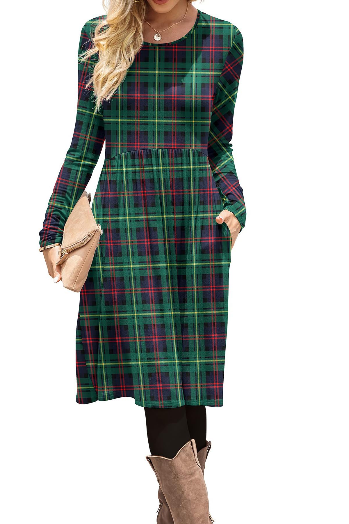 DB MOON Women Casual Long Sleeve Dresses Empire Waist Loose Dress with Pockets (Army Green, 2XL)