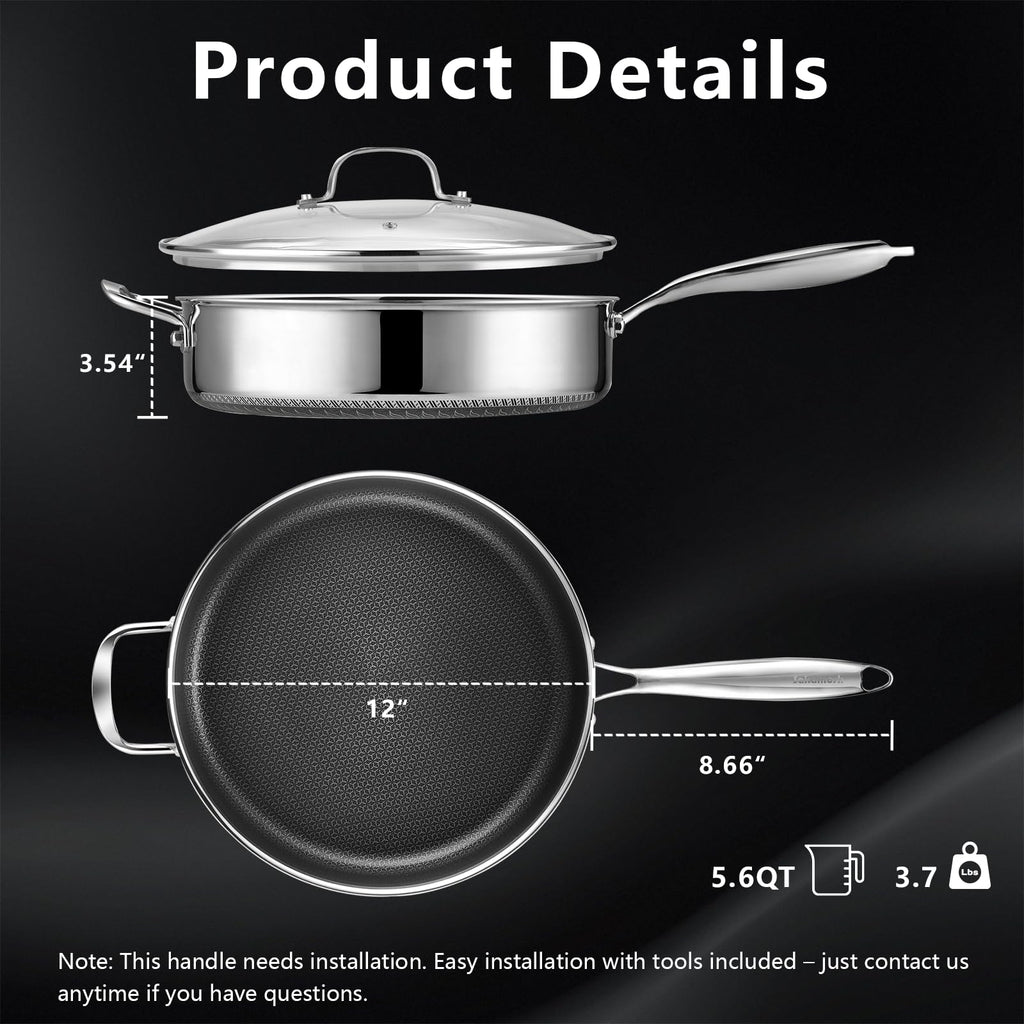 SAKAMOSH 5.6 Qt Hybrid Nonstick Deep Sauté Pan & Lid, 12" Stainless Steel