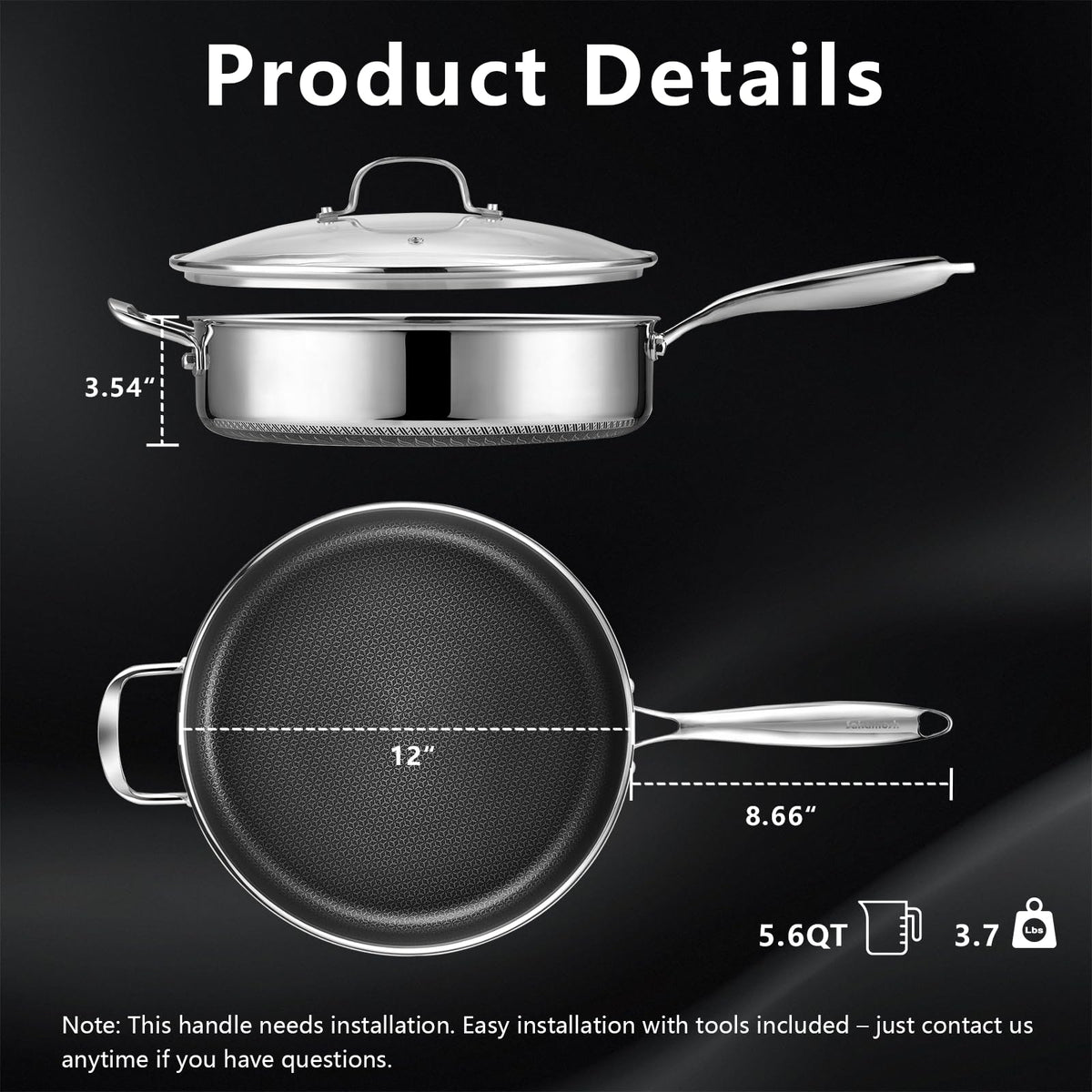 SAKAMOSH 5.6 Qt Hybrid Nonstick Deep Sauté Pan & Lid, 12" Stainless Steel