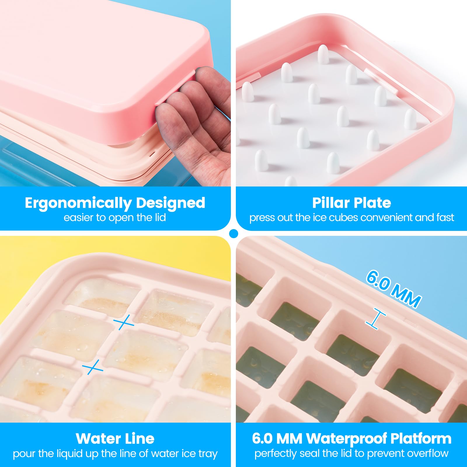 0.8“ Ice Cube Tray with Lid and Bin, PHINOX 84 Cubes Ice Trays for Freezer, Ice Cube Trays for Freezer with 3 trays, Container, Lid & Ice Scoop, BPA Free, Pink(28Cubes/Tier)