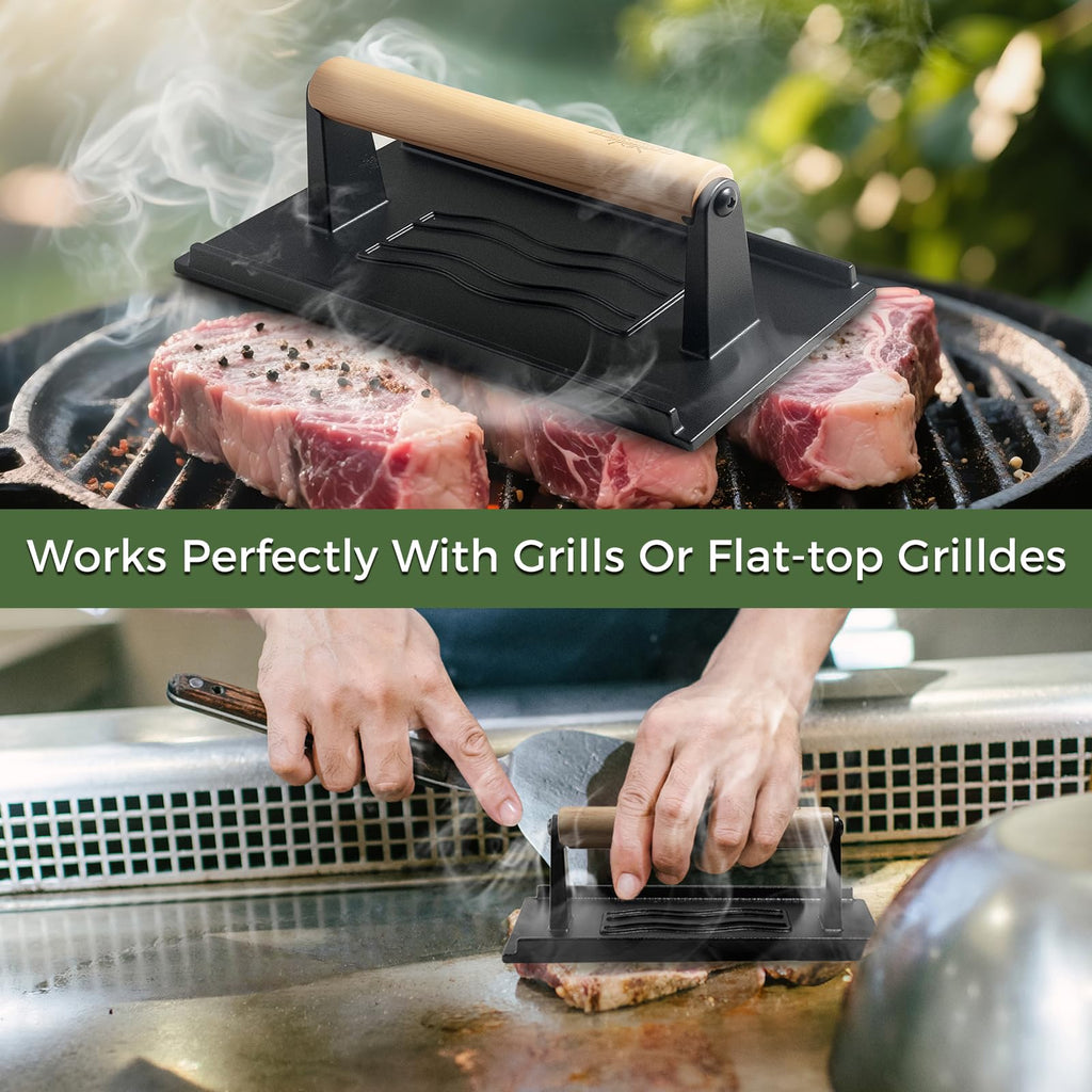 XUDAKAIXIN Cast Iron Smash Burger Press,Grill Bacon Meat Press Tool,Perfect for Blackstone, Camp Chef, Weber Grills & Indoor Griddles – BBQ & Cookout Must-Have (Rectangle -Grooved)