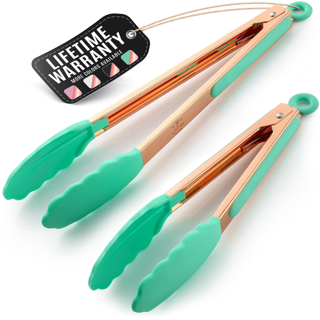 Zulay Stainless Steel Kitchen Tongs with Silicone Tips - Set of 2 (9” & 12”) Locking Cooking Tongs with Non-Slip Grip - Heat Resistant, BBQ Food Tongs for Non-Stick Cooking Pans (Silver/Soft Red)