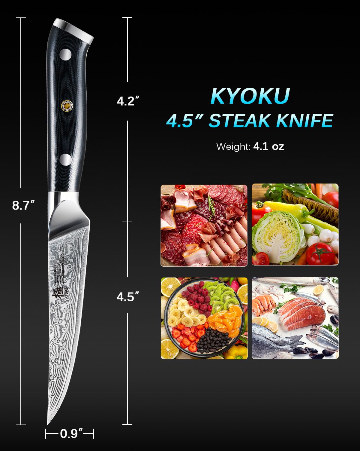 KYOKU Gin Series Steak Knife Set of 4, 4.5" Steak Knives, Japanese VG10 Damascus Stainless Steel Kitchen Knife Set with Silver Ion Blades G10 Handles Mosaic Pins, Cutlery Set w/Sheaths & Case