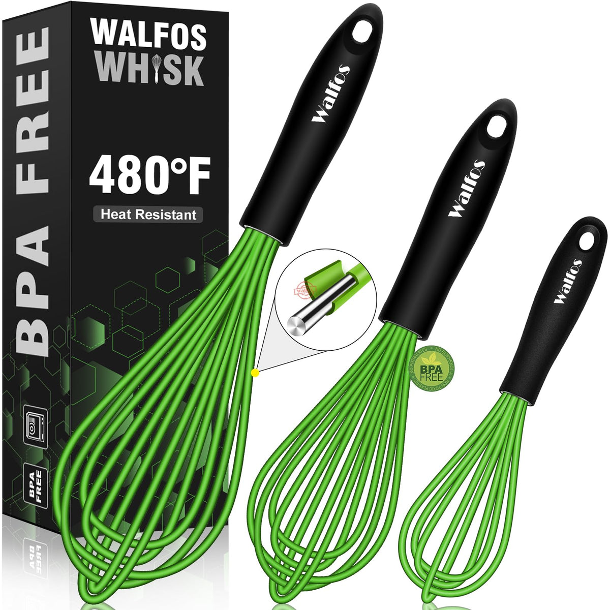 Silicone Whisks set with 7+5in mini stainless steel whisk, Non Scratch Coated 7+9+11in Whisks for Nonstick Cookware,Premium for Blending, Whisking, Beating, Frothing & Stirring