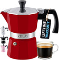 Zulay Moka Pot Espresso Stovetop Coffee Maker - Leak-Proof, Stainless Steel, Easy to Clean, Heat Resistant Handle & Knob - for Authentic Cuban & Italian Style Espresso - Makes 3 Espresso Cups - Red