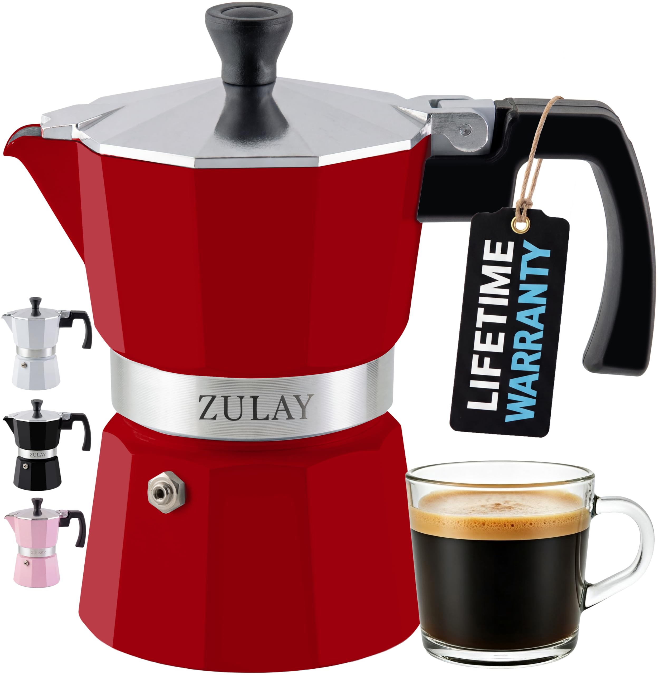 Zulay Moka Pot Espresso Stovetop Coffee Maker - Leak-Proof, Stainless Steel, Easy to Clean, Heat Resistant Handle & Knob - for Authentic Cuban & Italian Style Espresso - Makes 3 Espresso Cups - Red