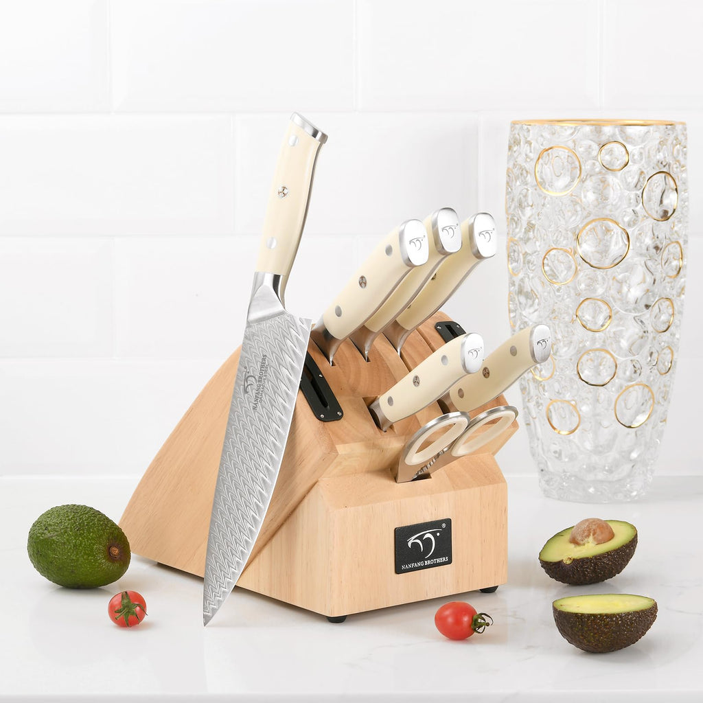 NANFANG BROTHERS® 10-Piece VG10 Damascus Knife Set, Rubberwood Block
